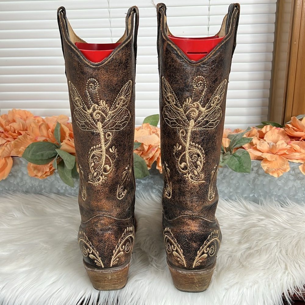 CIRCLE G WOMEN'S DISTRESSED BONE DRAGONFLY EMBROIDERED BOOTS - SNIP TOE Size 10 - Picture 6 of 14